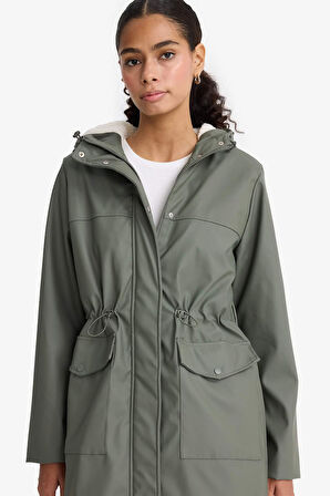 Regular Fit Kapüşonlu Suni Deri Yağmurluk