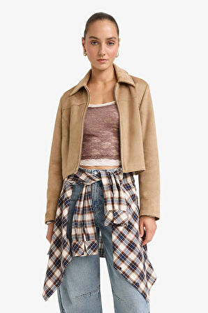 Su Geçirmez Regular Fit Polo Yaka Fermuarlı Süet Ceket Mont