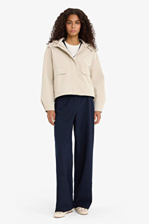 Regular Fit Kapüşonlu Polar Astarlı Suni Deri Yağmurluk