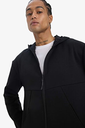 DeFactoFit Standart Fit Kapüşonlu Skuba Dalgıç Kumaş Yumuşak Tuşe Fermuarlı Hırka