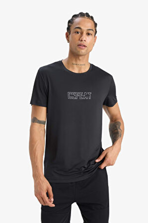 DeFactoFit Slim Fit Dar Kesim Bisiklet Yaka Esnek Kumaş Baskılı Sporcu Kısa Kollu Tişört