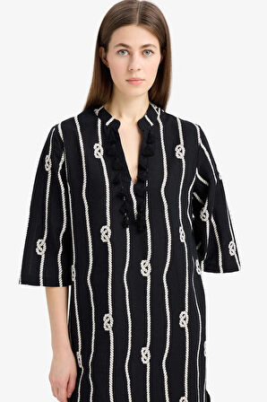 DeFacto Regular Fit Desenli Pamuklu Midi Plaj Elbisesi-Fall in Love E5099AX25SPBK27