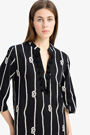 DeFacto Regular Fit Desenli Pamuklu Midi Plaj Elbisesi-Fall in Love E5099AX25SPBK27