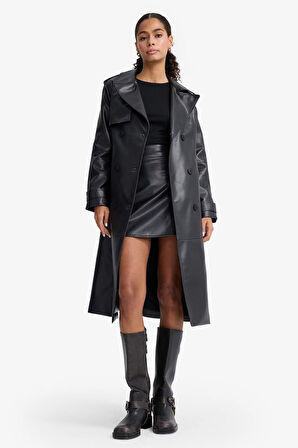 Regular Fit Suni Deri Düğmeli Cepli Uzun Trençkot 