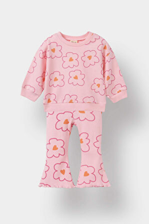 Kız Bebek 2'li Takım Çiçekli Sweatshirt İspanyol Paça Tayt