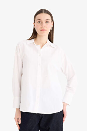 DeFacto Relax Fit Basic Düz Poplin Uzun Kollu Tesettür Gömlek Tunik E7977AX25SMWT34