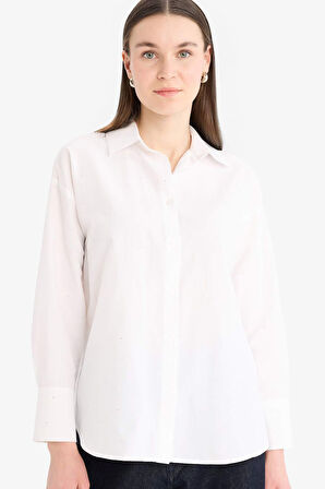 DeFacto Relax Fit Basic Düz Poplin Uzun Kollu Tesettür Gömlek Tunik E7977AX25SMWT34