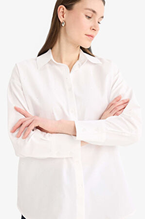 DeFacto Relax Fit Basic Düz Poplin Uzun Kollu Tesettür Gömlek Tunik E7977AX25SMWT34