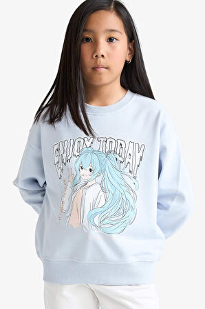 Kız Çocuk Relax Fit Bisiklet Yaka Anime Baskılı Sweatshirt