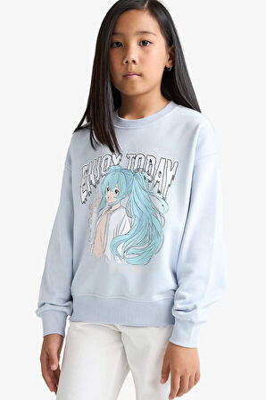 Kız Çocuk Relax Fit Bisiklet Yaka Anime Baskılı Sweatshirt