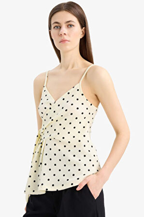 Slim Fit Dar Kesim Puantiye V Yaka Bürümcük Askılı Bluz