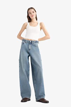 Carpenter Fit Yüksek Bel Uzun Paça Uzun Jean Kar Yıkamalı Pantolon