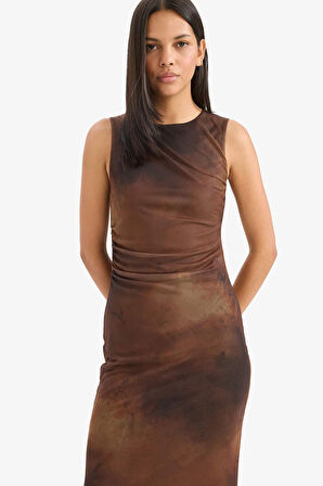 Bodycon Vücudu Saran Bisiklet Yaka Desenli Tül Kolsuz Midi Elbise