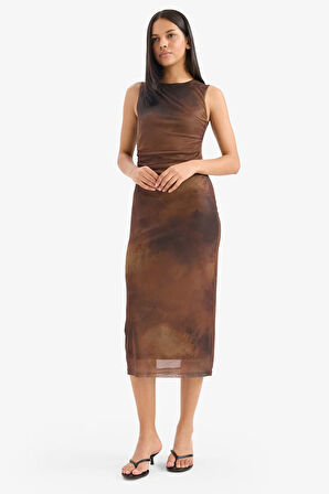 Bodycon Vücudu Saran Bisiklet Yaka Desenli Tül Kolsuz Midi Elbise