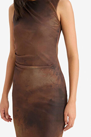 Bodycon Vücudu Saran Bisiklet Yaka Desenli Tül Kolsuz Midi Elbise