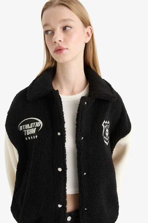 DeFacto Oversize Geniş Kalıp Polo Yaka Pelüş Bomber Ceket E9837AX25WNBK81