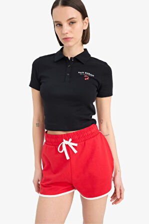DeFacto Coool Fitted Polo Yaka Baskılı Ribana Kısa Kollu Siyah Tişört D1095AX25SMBK81