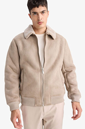 Slim Fit Dar Kesim Kürklü Polo Yaka Astarlı Fermuarlı Cepli Süet Mont