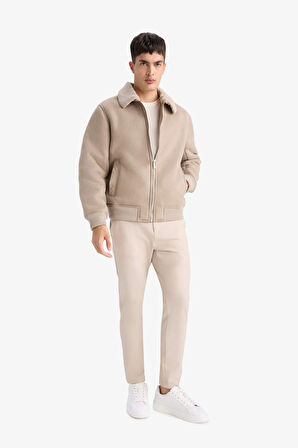 Slim Fit Dar Kesim Kürklü Polo Yaka Astarlı Fermuarlı Cepli Süet Mont