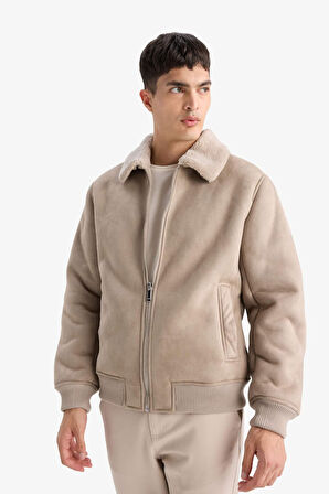 Slim Fit Dar Kesim Kürklü Polo Yaka Astarlı Fermuarlı Cepli Süet Mont