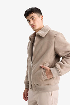 Slim Fit Dar Kesim Kürklü Polo Yaka Astarlı Fermuarlı Cepli Süet Mont