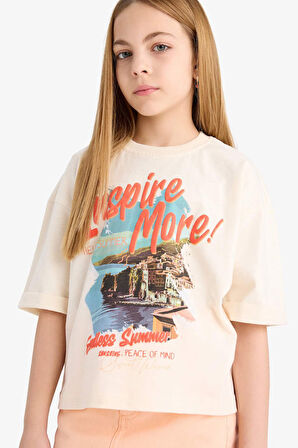 DeFacto Kız Çocuk Oversize Geniş Kalıp Bisiklet Yaka Baskılı Kısa Kollu Tişört E4406A825SMER233