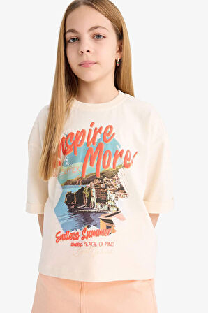 DeFacto Kız Çocuk Oversize Geniş Kalıp Bisiklet Yaka Baskılı Kısa Kollu Tişört E4406A825SMER233