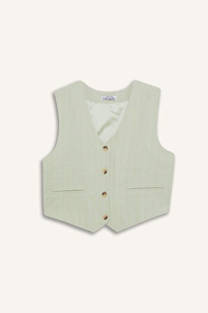 Regular Fit V Yaka Keten Karışımlı Blazer Yelek
