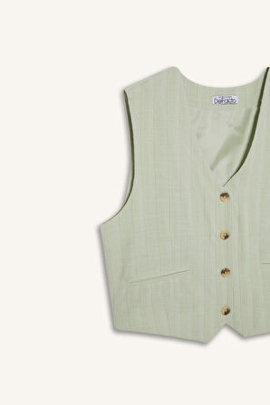 Regular Fit V Yaka Keten Karışımlı Blazer Yelek