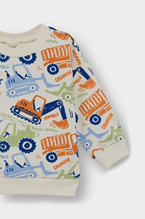 Erkek Bebek Bisiklet Yaka Araç Baskılı İçi Yumuşak Tüylü Sweatshirt