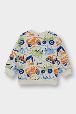 Erkek Bebek Bisiklet Yaka Araç Baskılı İçi Yumuşak Tüylü Sweatshirt