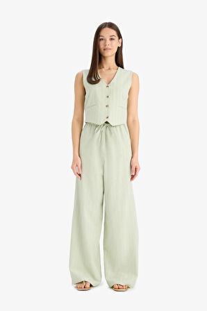 DeFacto 	Keten Karışımlı Pantolon Wide Leg Geniş Bol Paça Cepli Basic Düz Normal Bel Standart Boy D1010AX25SPGN1181
