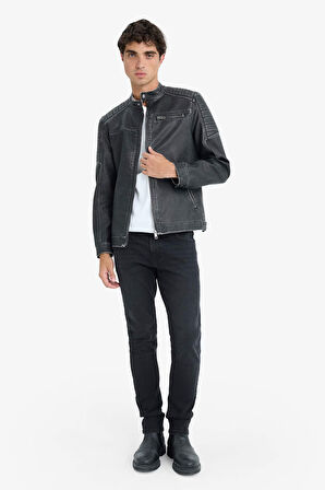 Slim Fit Dar Kesim Dik Yaka Fermuarlı Suni Deri Mont