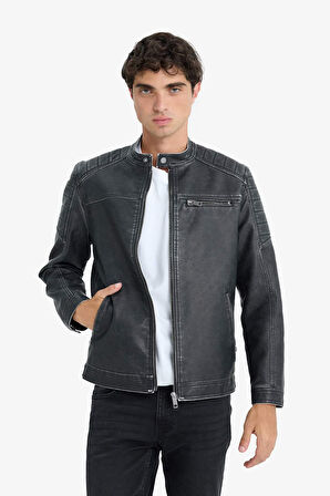Slim Fit Dar Kesim Dik Yaka Fermuarlı Suni Deri Mont