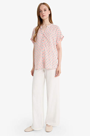 Regular Fit Apaş Yaka Desenli Kısa Kollu Gömlek