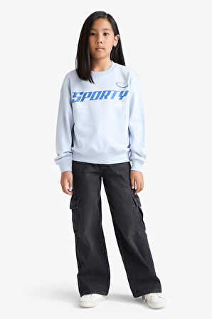 Kız Çocuk Relax Fit Bisiklet Yaka Baskılı Sweatshirt