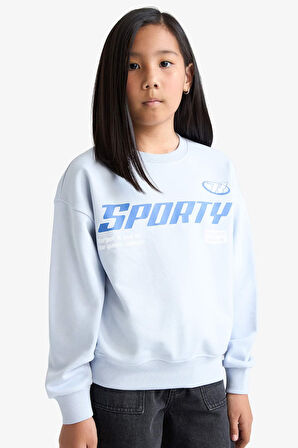 Kız Çocuk Relax Fit Bisiklet Yaka Baskılı Sweatshirt