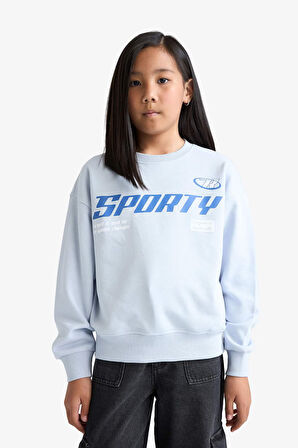 Kız Çocuk Relax Fit Bisiklet Yaka Baskılı Sweatshirt