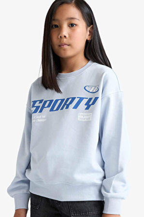 Kız Çocuk Relax Fit Bisiklet Yaka Baskılı Sweatshirt
