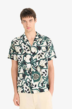 DeFacto Regular Fit Apaş Yaka Desenli Kısa Kollu Gömlek E1271AX25SMGN465