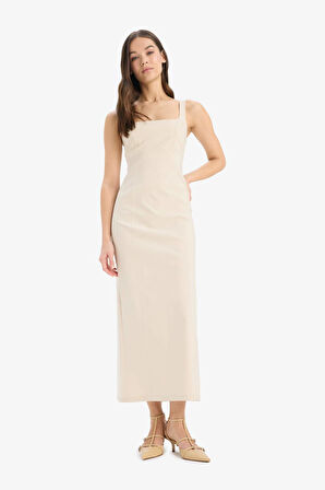Bodycon Vücudu Saran Basic Düz Kare Yaka Askılı Maxi Elbise