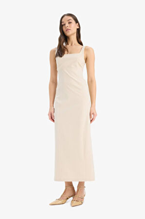 Bodycon Vücudu Saran Basic Düz Kare Yaka Askılı Maxi Elbise