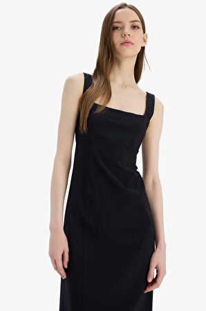 Bodycon Vücudu Saran Basic Düz Kare Yaka Askılı Maxi Elbise
