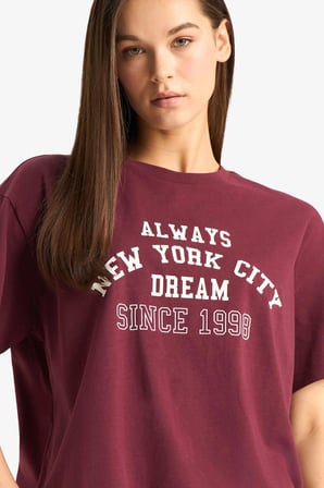 Defacto E9741AXBR98 Bordo Oversize Geniş Kalıp Bisiklet Yaka Baskılı Kısa Kollu Tişört