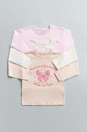 Kız Bebek Regular Fit Bisiklet Yaka Kelebek Desenli Uzun Kollu Tişört