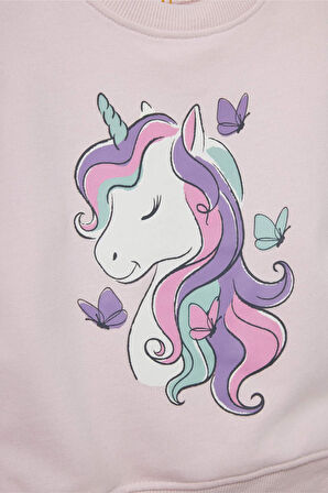 Kız Bebek 2'li Takım Unicorn Baskılı İçi Yumuşak Tüylü Sweatshirt Eşofman Altı