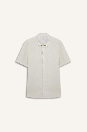 Regular Fit Polo Yaka Keten Görünümlü Pamuklu Yazlık Kısa Kollu Gömlek