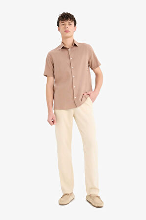 Regular Fit Polo Yaka Keten Görünümlü Pamuklu Yazlık Kısa Kollu Gömlek