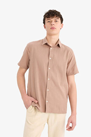 Regular Fit Polo Yaka Keten Görünümlü Pamuklu Yazlık Kısa Kollu Gömlek