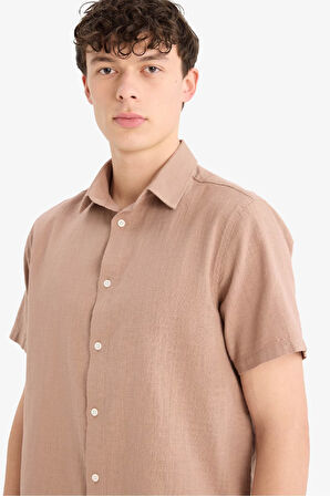 Regular Fit Polo Yaka Keten Görünümlü Pamuklu Yazlık Kısa Kollu Gömlek